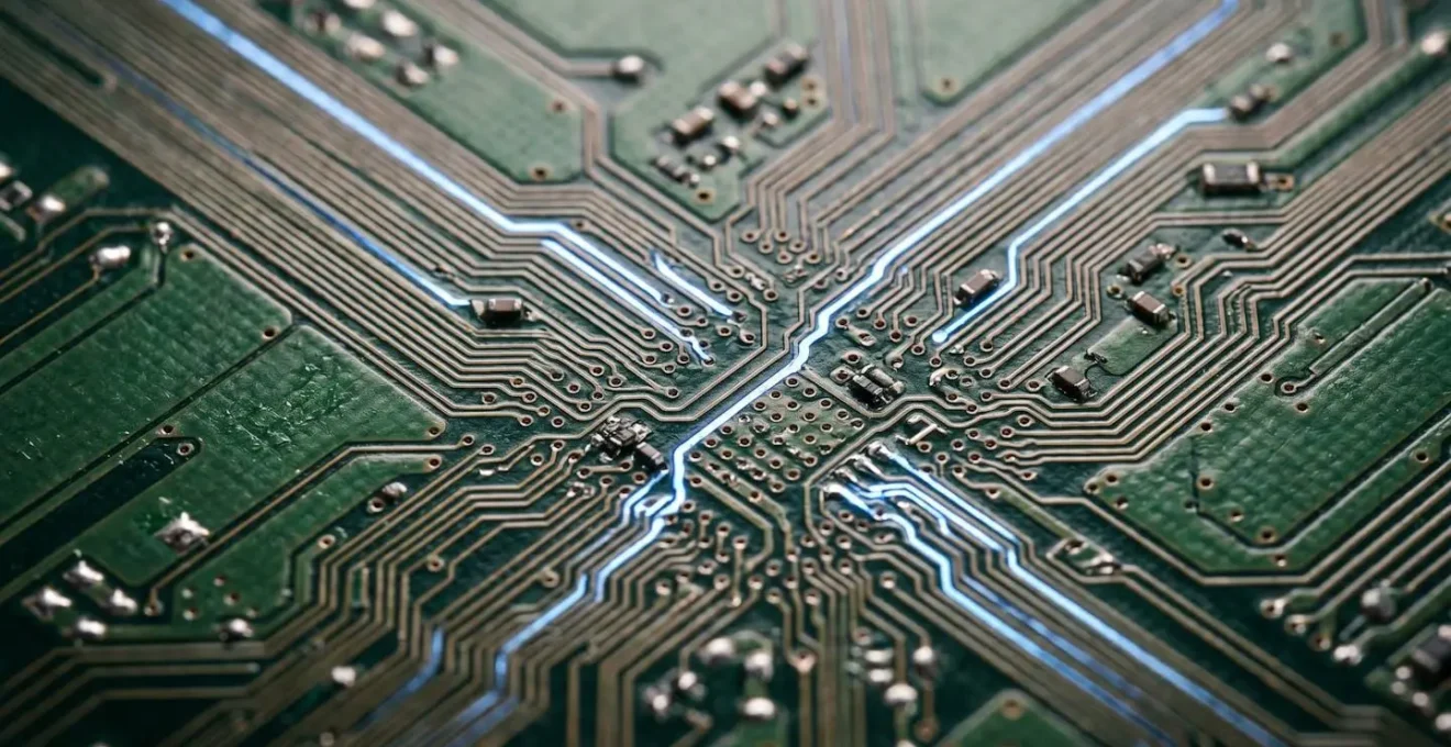 Vue macro de circuits électroniques symbolisant la transformation complexe des données brutes en informations structurées par le parsing.