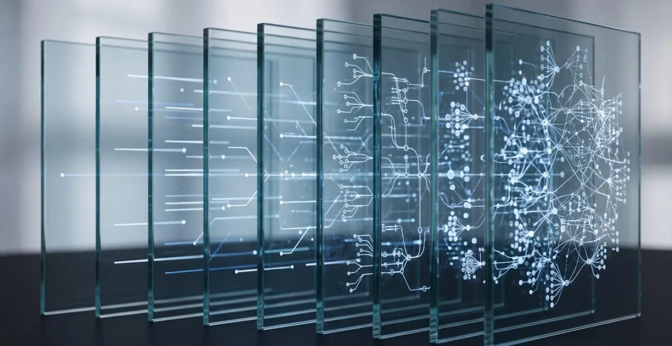 Visualisation abstraite du processus de création de règles de détection SIEM par la superposition de couches de données complexes.