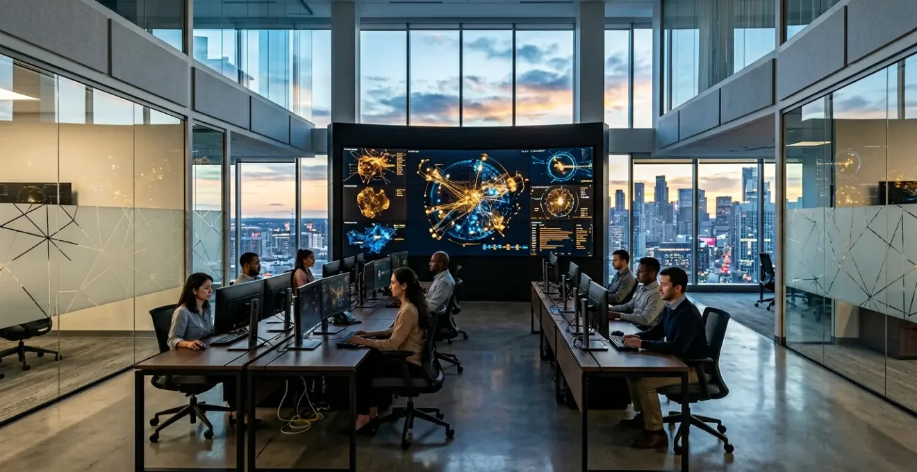 Centre de commande de cybersécurité avec équipe analysant les menaces zero-day sur des écrans multiples