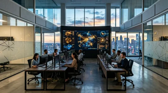 Centre de commande de cybersécurité avec équipe analysant les menaces zero-day sur des écrans multiples