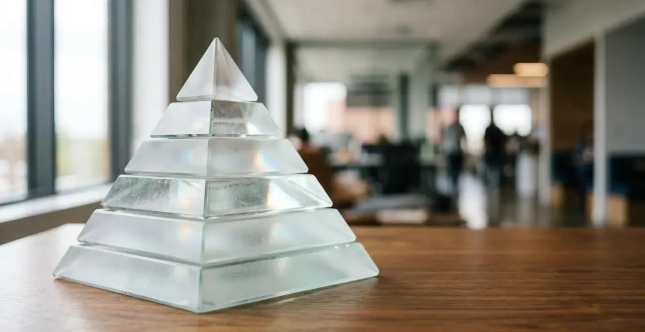 Représentation visuelle d'une pyramide de documentation avec trois niveaux distincts dans un environnement professionnel minimaliste