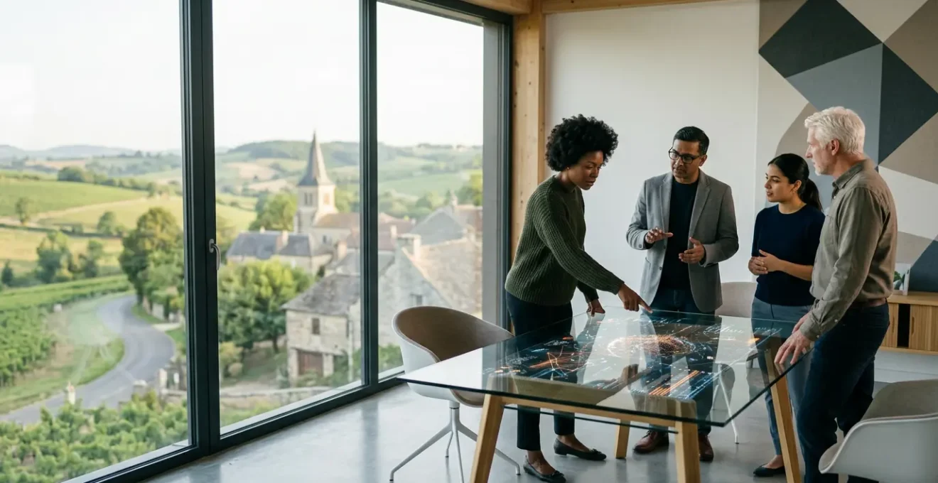 Équipe diversifiée de professionnels de la cybersécurité travaillant ensemble dans un environnement moderne avec vue sur des paysages régionaux français