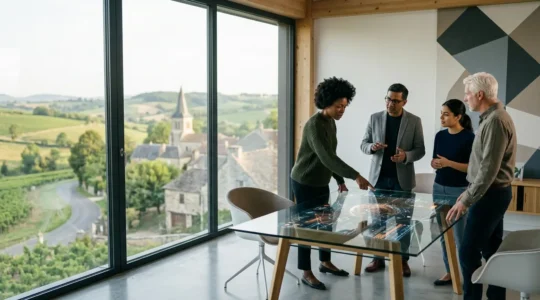 Équipe diversifiée de professionnels de la cybersécurité travaillant ensemble dans un environnement moderne avec vue sur des paysages régionaux français