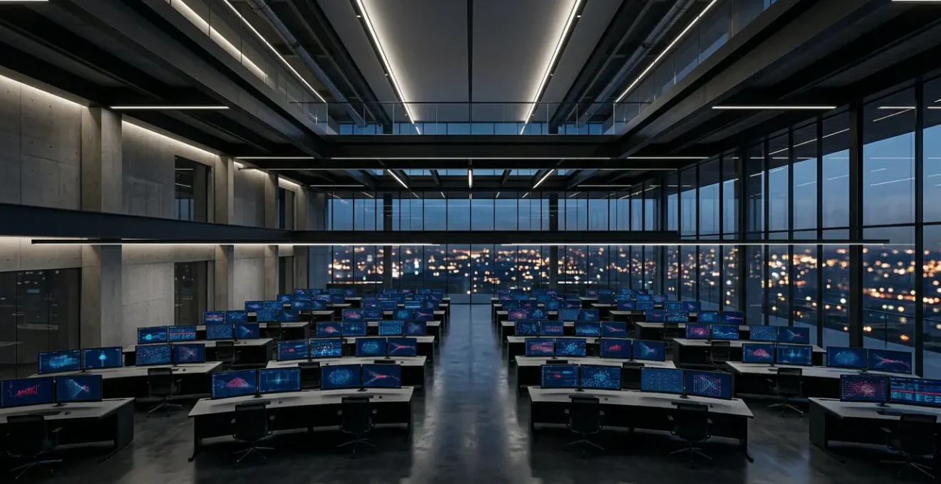 Vue dramatique d'un SOC avec analystes observant des écrans montrant une simulation d'attaque en cours