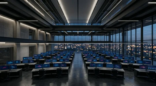 Vue dramatique d'un SOC avec analystes observant des écrans montrant une simulation d'attaque en cours