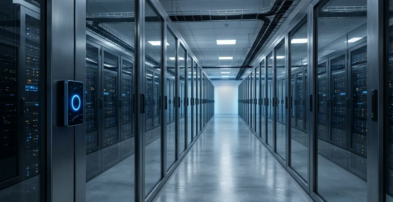 Vue d'un datacenter moderne avec baie de serveurs sécurisée et dispositif biométrique d'accès