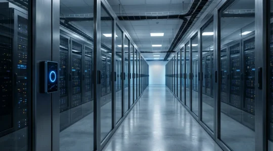 Vue d'un datacenter moderne avec baie de serveurs sécurisée et dispositif biométrique d'accès