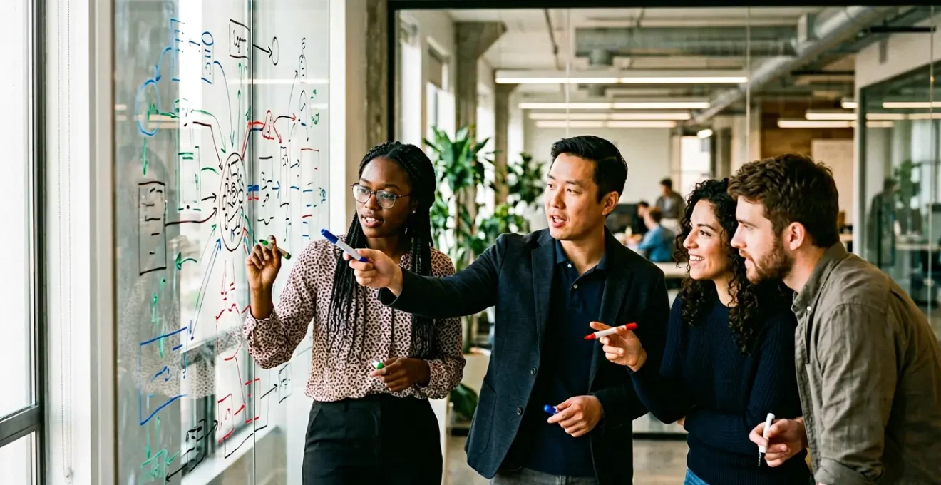 Développeurs collaborant autour d'un tableau blanc avec des diagrammes de flux de données et des annotations de sécurité