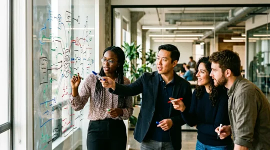 Développeurs collaborant autour d'un tableau blanc avec des diagrammes de flux de données et des annotations de sécurité
