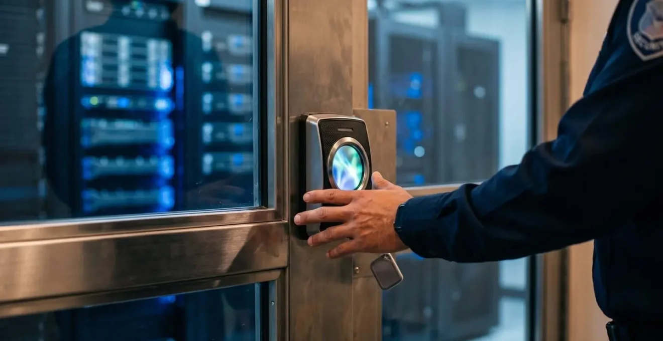 Salle serveur sécurisée avec éclairage dramatique montrant les systèmes de contrôle d'accès biométriques