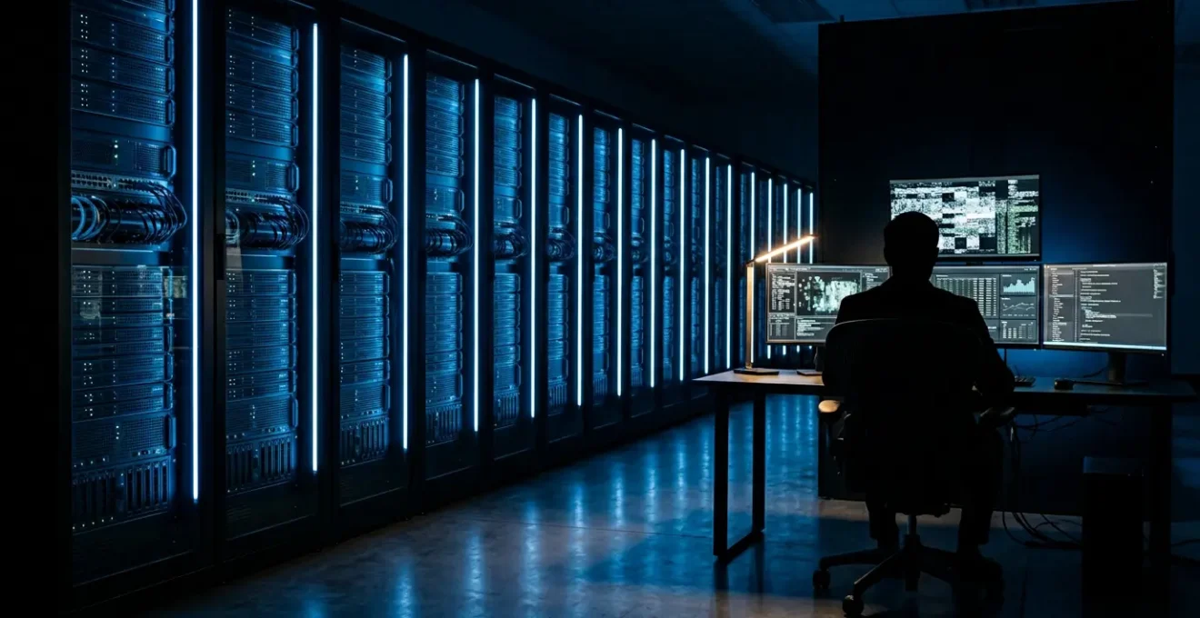 Salle serveur moderne avec écrans de monitoring de sécurité et administrateur système configurant les paramètres de durcissement