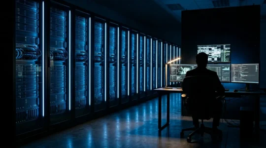 Salle serveur moderne avec écrans de monitoring de sécurité et administrateur système configurant les paramètres de durcissement