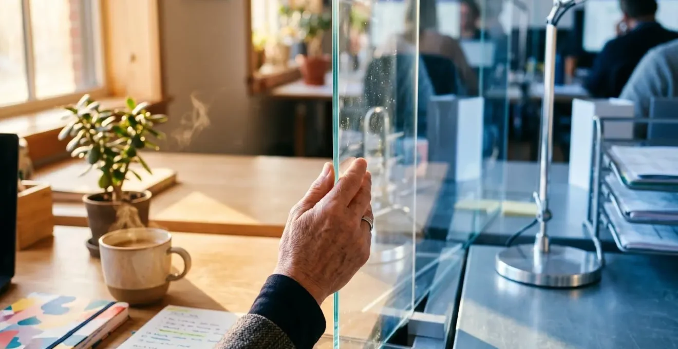 Représentation visuelle de la séparation claire entre les données personnelles et professionnelles sur un appareil BYOD, symbolisée par une partition en verre.