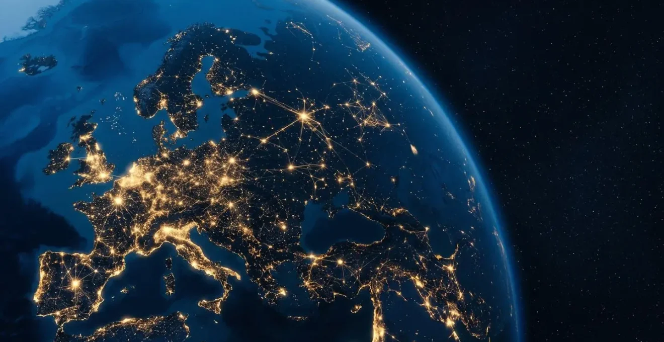 Vue aérienne stylisée de l'Europe avec réseaux de connexions lumineuses symbolisant la souveraineté numérique