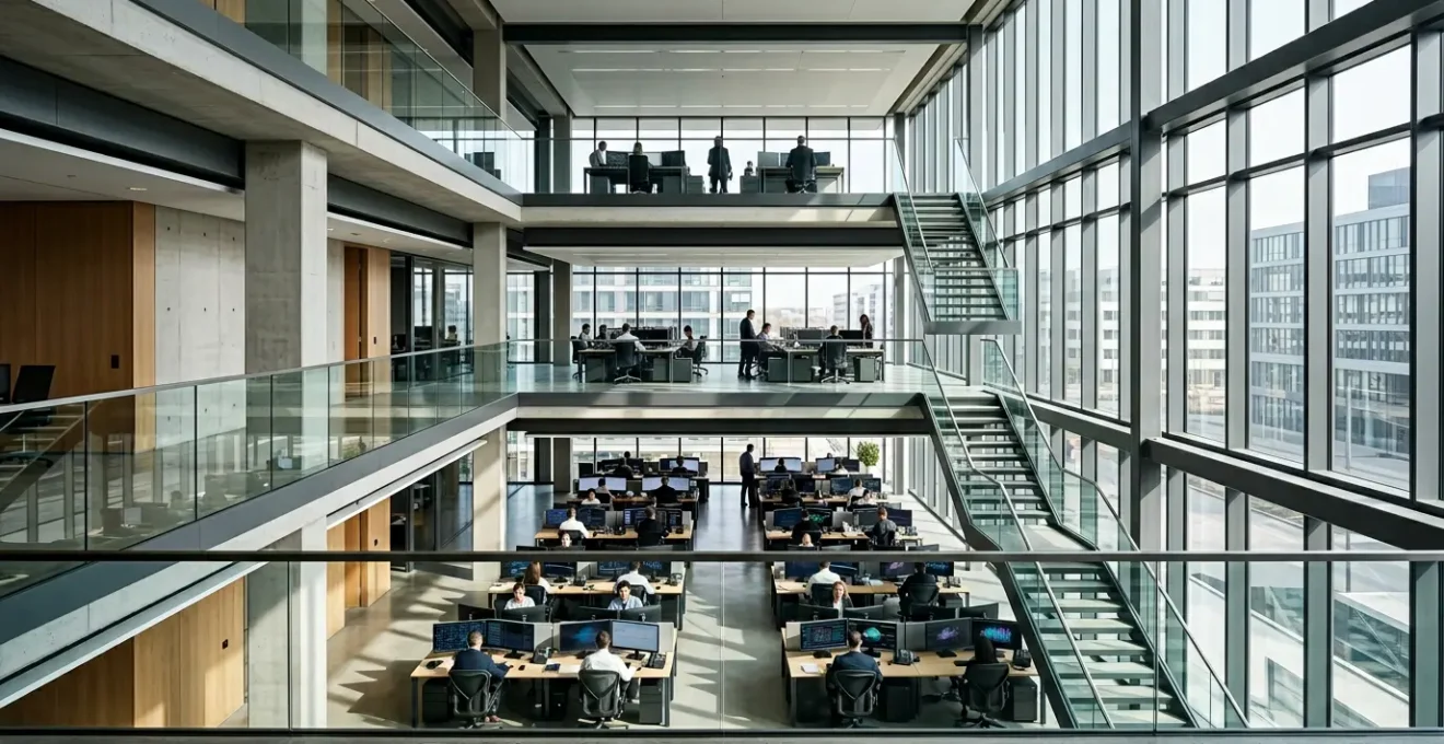 Vue architecturale d'un centre d'opérations de sécurité moderne montrant trois niveaux d'expertise