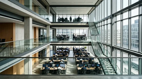 Vue architecturale d'un centre d'opérations de sécurité moderne montrant trois niveaux d'expertise