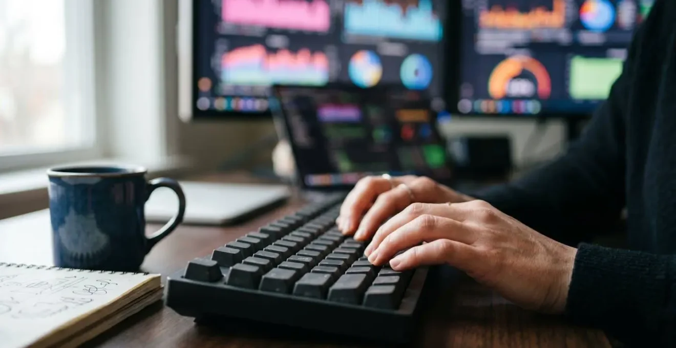 Gros plan sur les mains d'un ingénieur tapant sur un clavier avec des graphiques de performance flous en arrière-plan