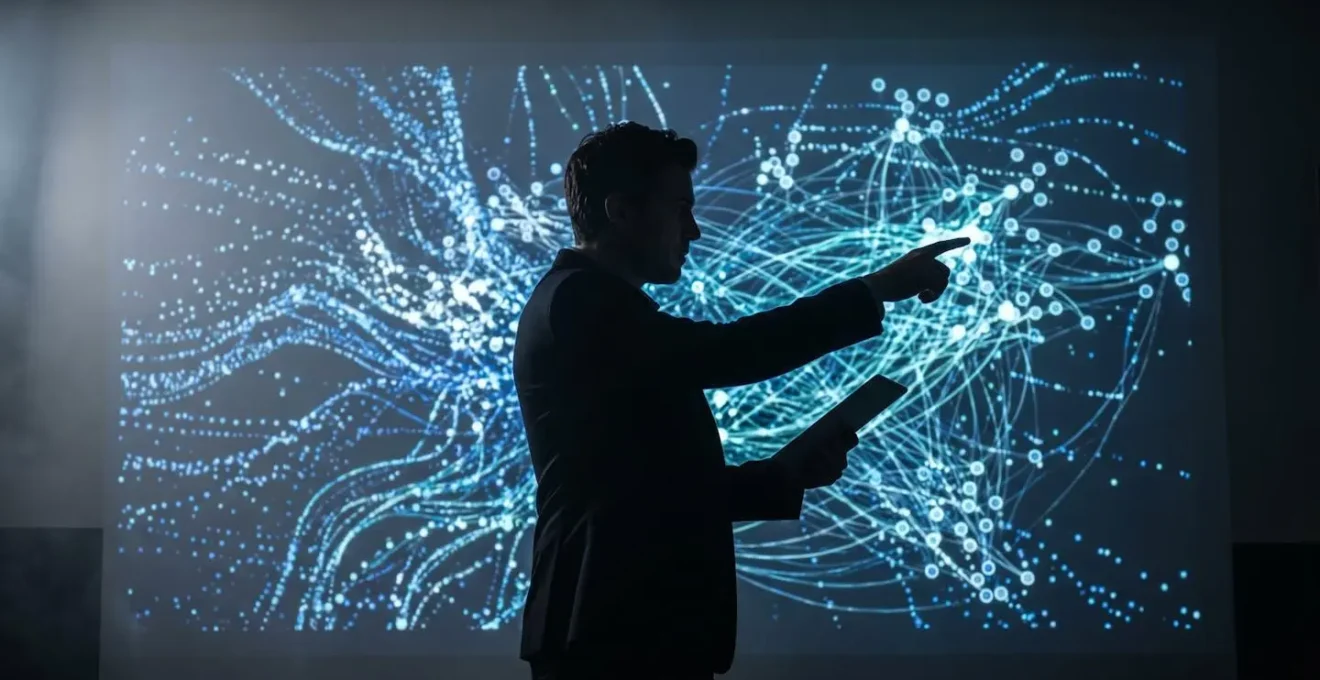 Vue abstraite d'un analyste explorant visuellement des connexions réseau complexes
