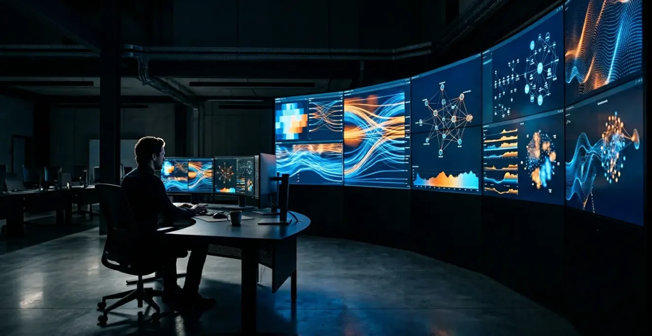 Centre de contrôle cybersécurité avec analyste surveillant des flux de données et des graphiques de détection de menaces