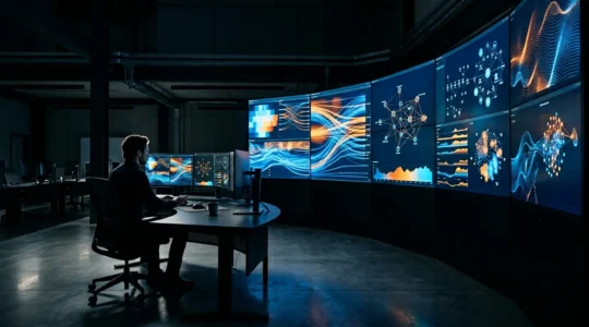 Centre de contrôle cybersécurité avec analyste surveillant des flux de données et des graphiques de détection de menaces