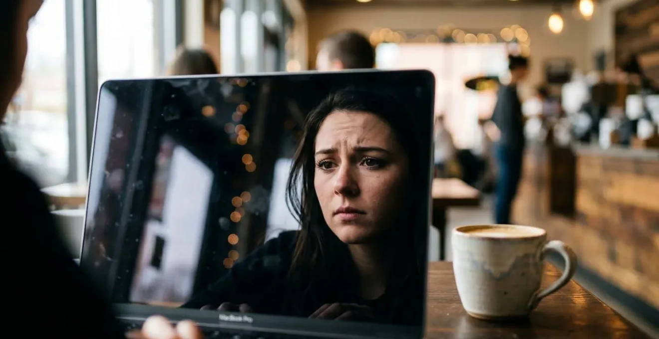 Visage inquiet d'une personne se reflétant sur un écran d'ordinateur portable dans un café, illustrant la vulnérabilité numérique.