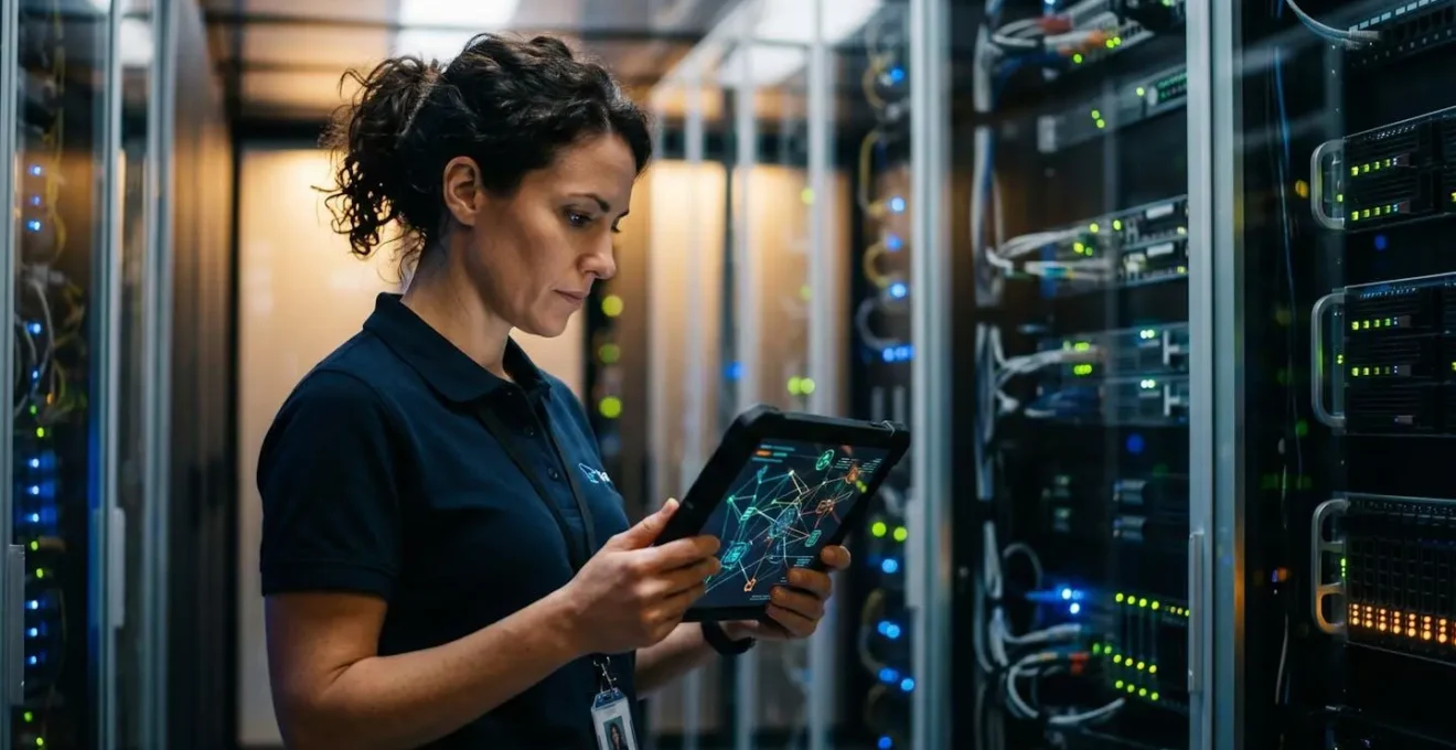 Technicien vérifiant des serveurs dans un datacenter moderne