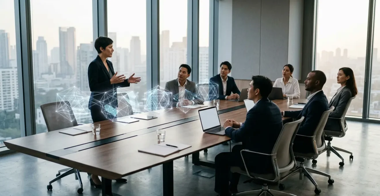 Réunion stratégique entre dirigeants et consultants experts en cybersécurité dans un environnement moderne