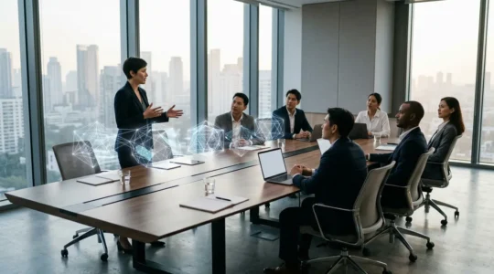 Réunion stratégique entre dirigeants et consultants experts en cybersécurité dans un environnement moderne