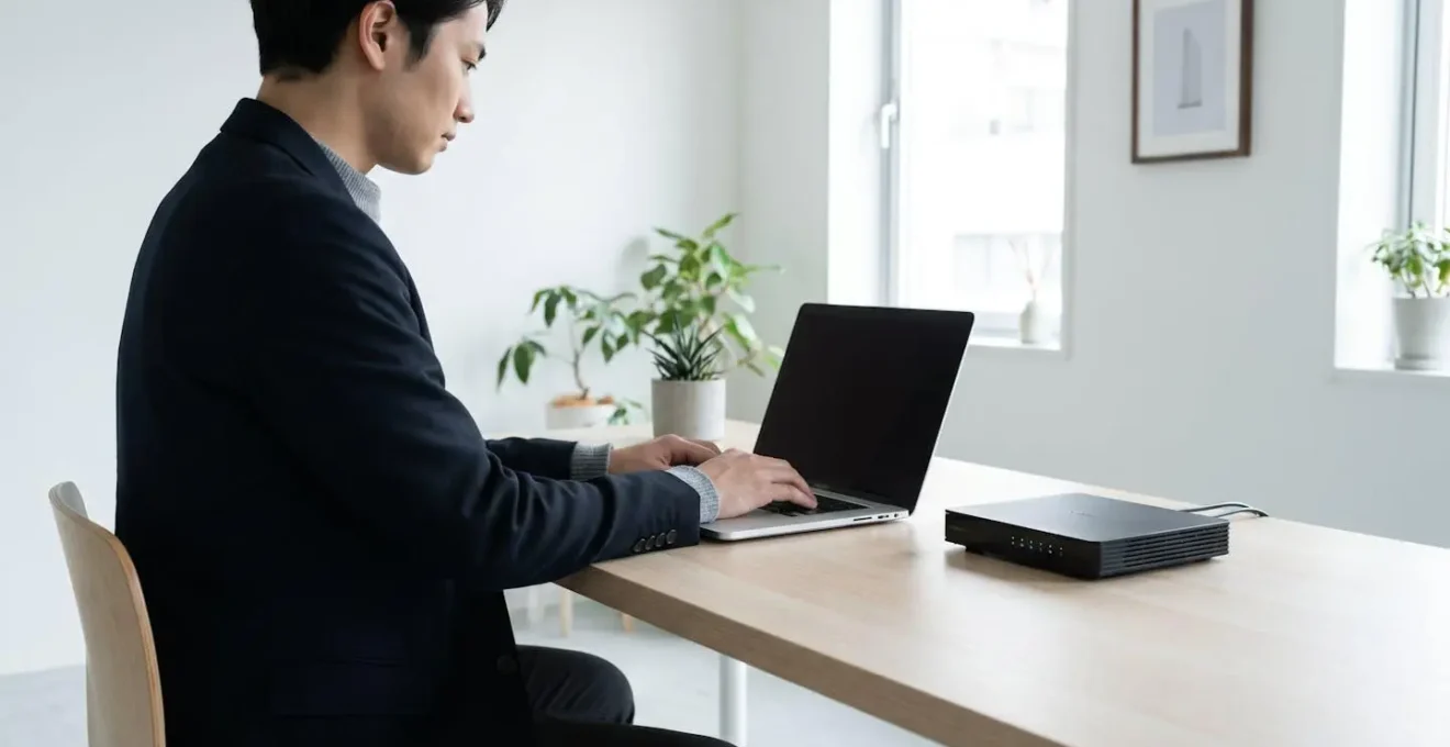 Personne travaillant sur un ordinateur portable dans un environnement de bureau épuré, avec un routeur visible sur le bureau