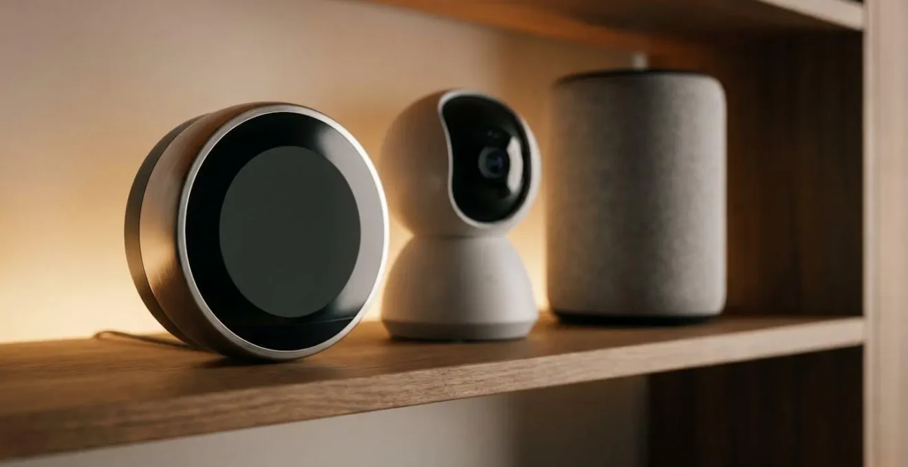 Ensemble d'objets connectés (thermostat, caméra, enceinte intelligente) posés sur une étagère dans un intérieur contemporain