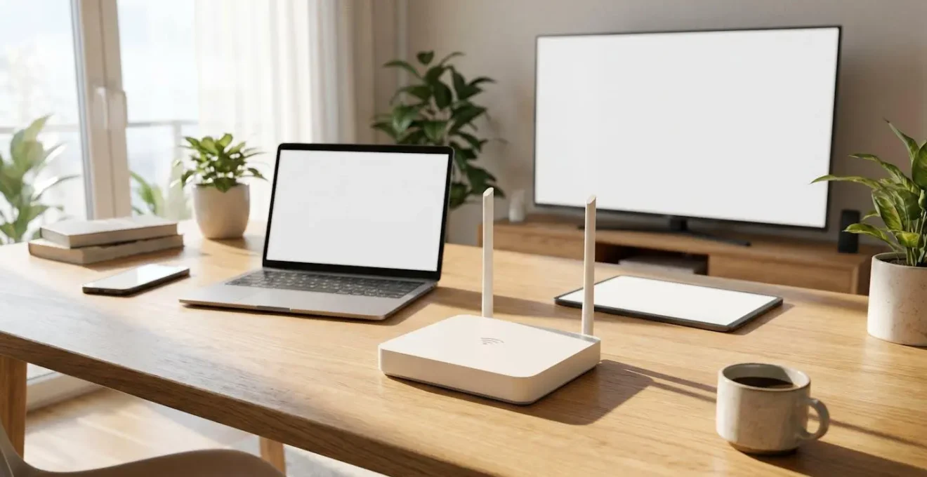 Vue aérienne d'un routeur Wi-Fi au centre d'un appartement moderne avec plusieurs appareils connectés visibles en arrière-plan